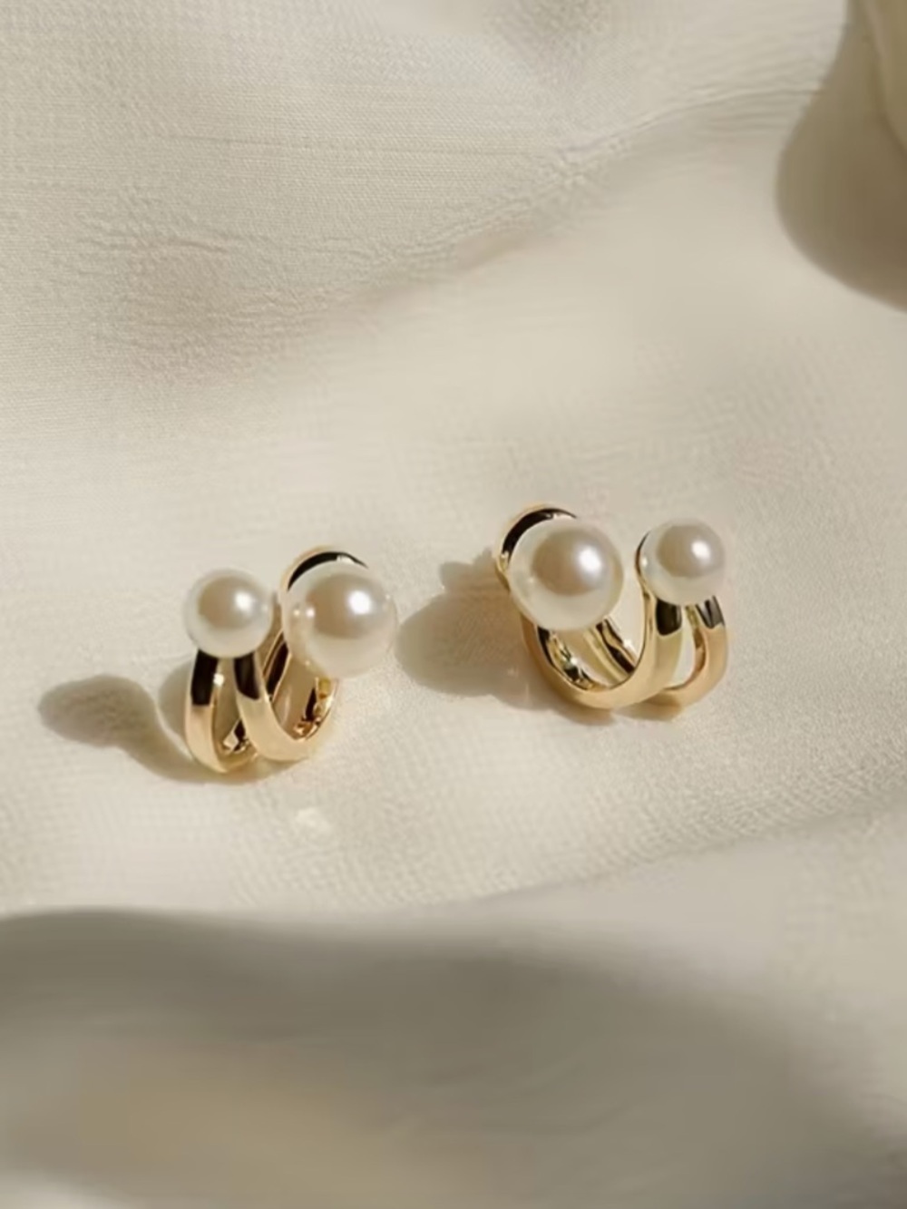 Double White Pearl With Gold Hoop Earrings. - Picture 4 of 8